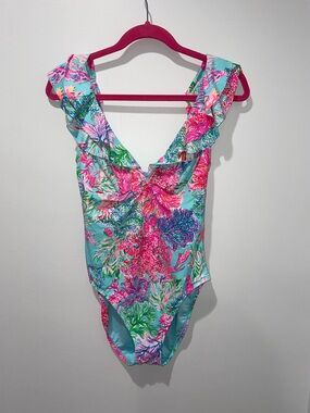 Lilly Pulitzer Tropical Ruffled One-Piece Swimsuit in Aqua & Pink